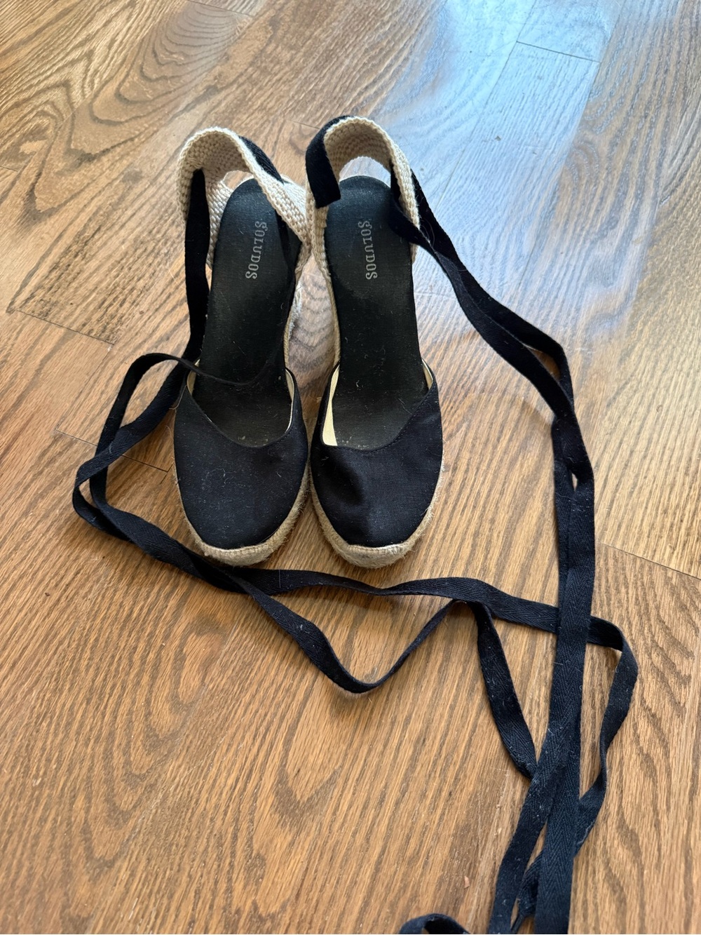 Soludos Black Canvas Espadrille Wedge Lace-Up Sandals
